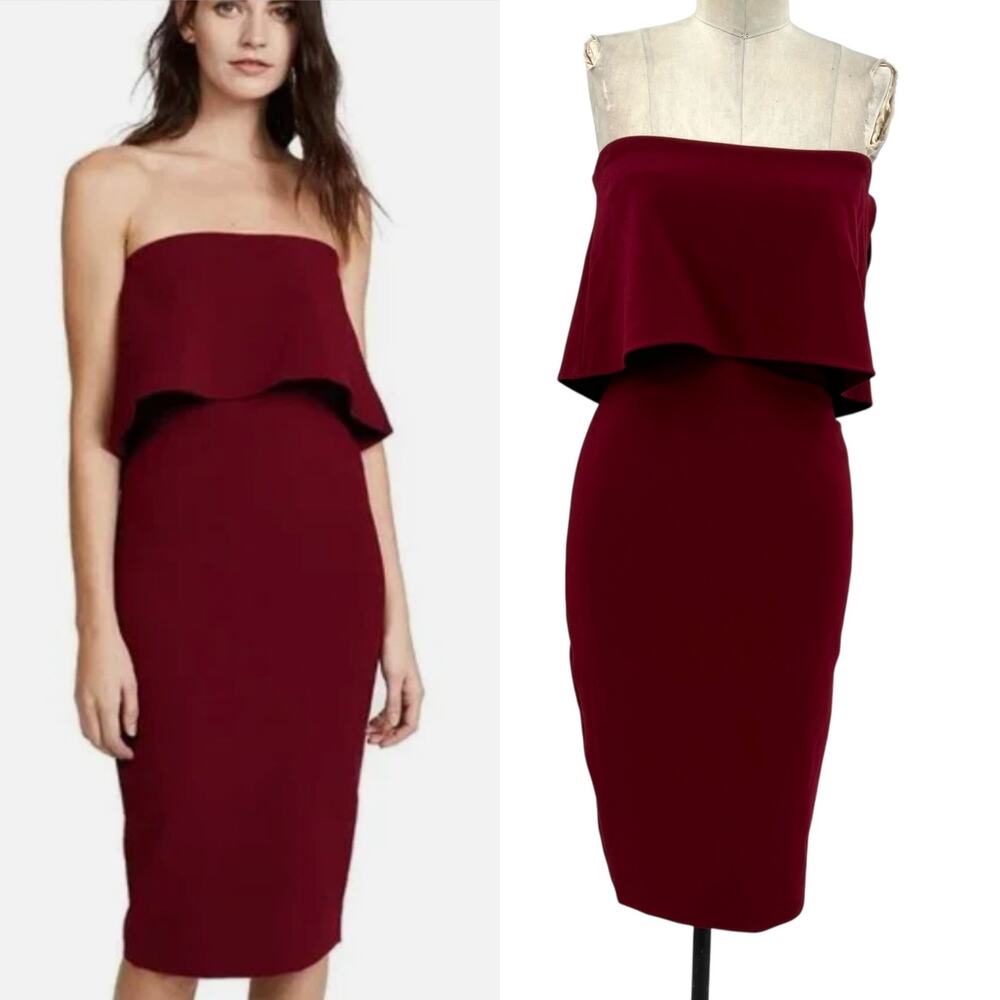 Likely Driggs Midi Dress Sheath Strapless Ruffle Burgundy Red Purple Size 2